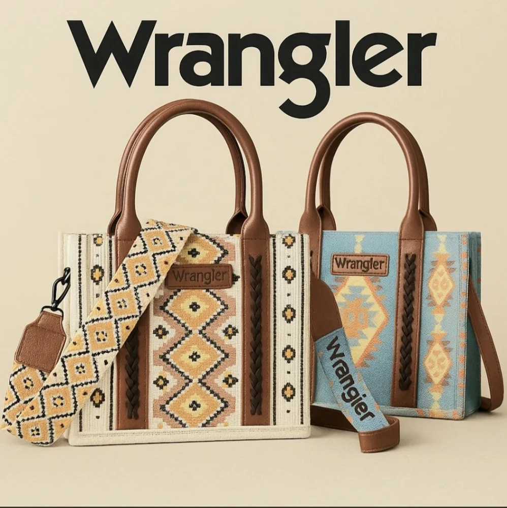 Wrangler Blue & Brown Geometric Purse Tote Bag Aztec Southwestern Style - Picture 6 of 7
